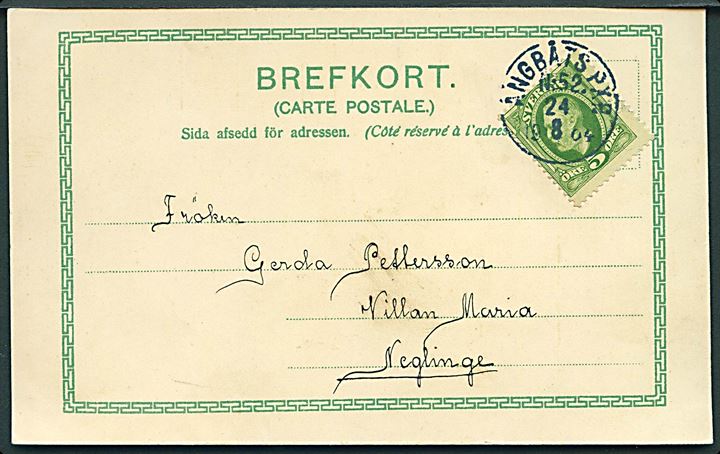 5 öre Oscar II på brevkort (Havneparti fra Stockholm) annulleret med skibsstempel Ångbåts PXP. No. 52 (= Stockholm - Vaxholmområdet) d. 24.8.1904 til Neglinge.