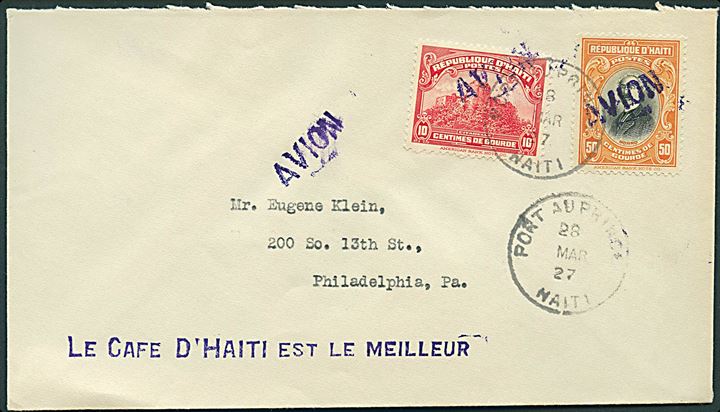 10 c. og 50 c. på luftpostbrev fra Port au Prince d. 28.3.1927 til Philadelphia, USA.