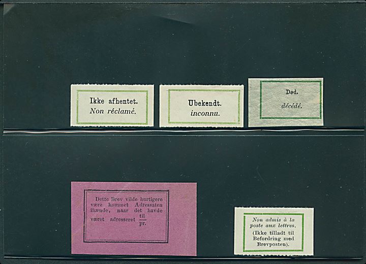 Sammenstilling af 5 ubrugte postale etiketter. bl.a. sjælden 2-sproget etiket: (Ikke tilladt til Befordring med Brevposten). 