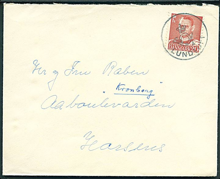 20 øre Fr. IX på brev annulleret med posthornstempel LUNDTOFT ca. 1950 til Horsens.