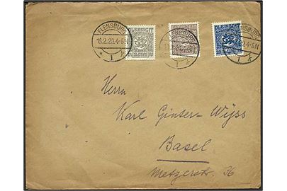 2½ pfg., 20 pfg. og 35 pfg. Fælles udg. på brev fra Flensburg d. 18.2.1920 til Basel, Schweiz.