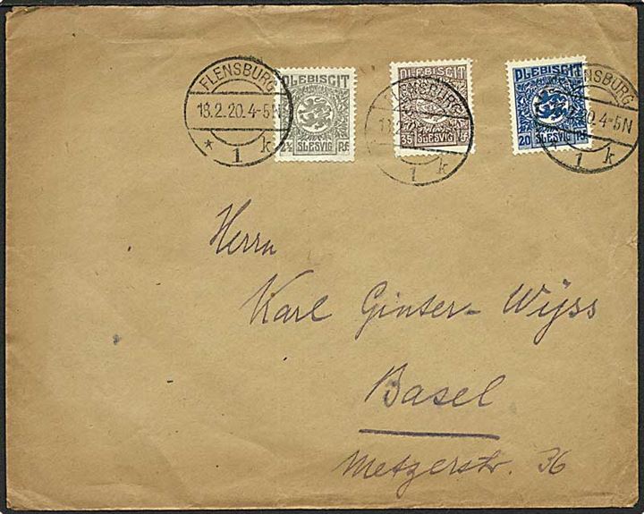 2½ pfg., 20 pfg. og 35 pfg. Fælles udg. på brev fra Flensburg d. 18.2.1920 til Basel, Schweiz.