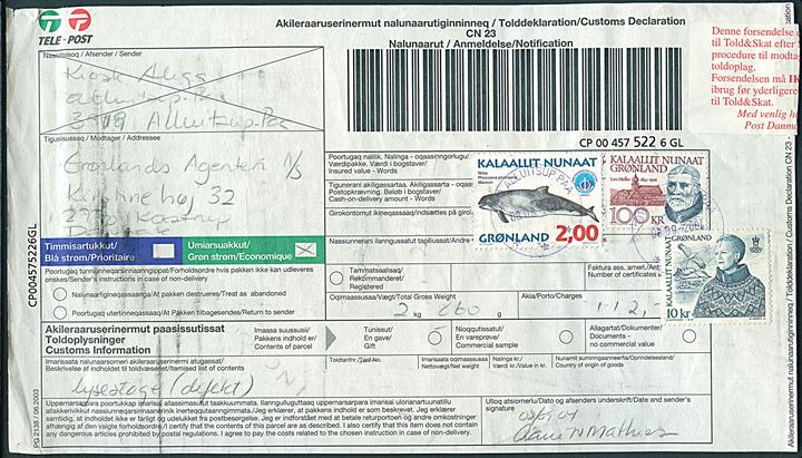 2 kr. Marsvin, 10 kr. Margrethe og 100 kr. Møller på adressekort for pakke fra Alluitsup Paa d. 8.9.2007 til Kastrup.