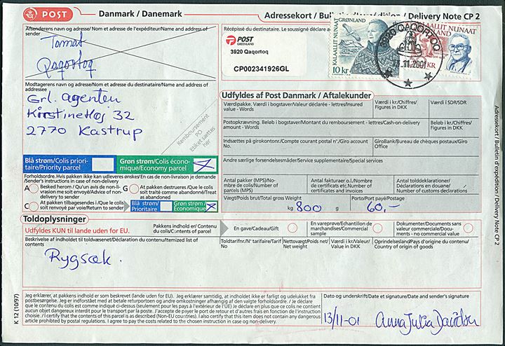 10 kr. Margrethe og 50 kr. Lynge på adressekort for pakke fra Qaqortoq d. 13.11.2001 til Kastrup.