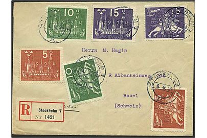 5 öre (2), 10 öre (2) og 15 öre (2) Postkongres på anbefalet brev fra Stockholm d. 4.8.1924 til Basel, Schweiz. Mindre takningsfejl.