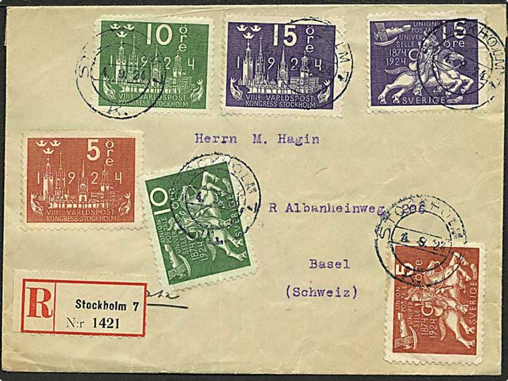 5 öre (2), 10 öre (2) og 15 öre (2) Postkongres på anbefalet brev fra Stockholm d. 4.8.1924 til Basel, Schweiz. Mindre takningsfejl.