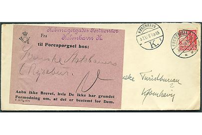 15 øre Karavel på brev fra Fredericia d. 30.5.1938 til København. Forespurgt med etiket P.25 8/36 (C7).