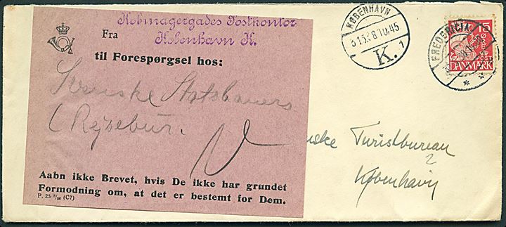 15 øre Karavel på brev fra Fredericia d. 30.5.1938 til København. Forespurgt med etiket P.25 8/36 (C7).
