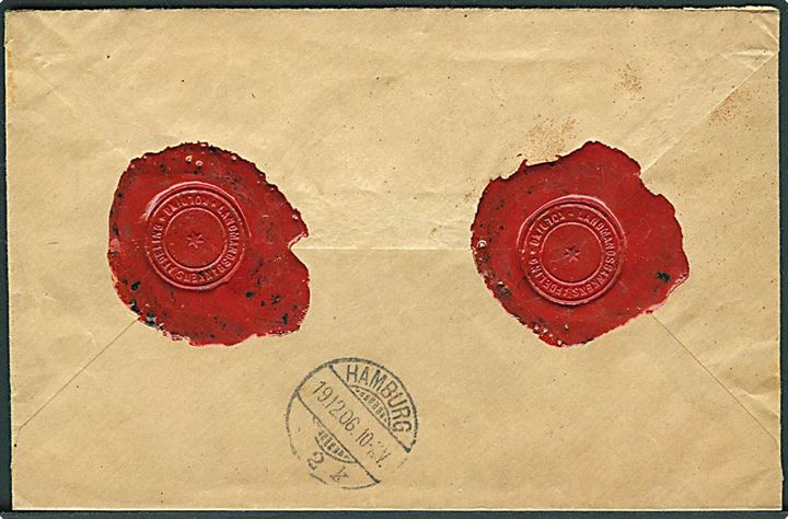 4 øre Bølgelinie og 25 øre Chr. IX (3) på 79 øre frankeret brev m. angivet værdi 550 kr. fra Kolding d. 18.12.1906 til Hamburg, Tyskland. Pæn lille forsendelse.