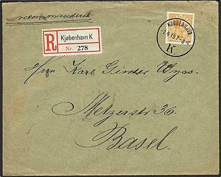 35 øre Chr. X single på anbefalet brev fra Kjøbenhavn K d. 2.4.1919 til Basel, Schweiz.