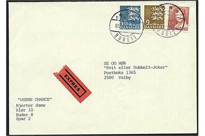 2,70 kr. Margrethe, 5,50 kr. og 9 kr. Rigsvåben på ekspresbrev fra Ålborg d. 8.4.1985 til Valby.