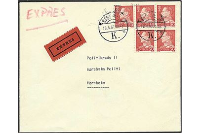 50 øre Fr. IX i 5-blok på 2,50 kr. frankeret ekspresbrev fra København K. d. 19.4.1967 til Hørsholm.