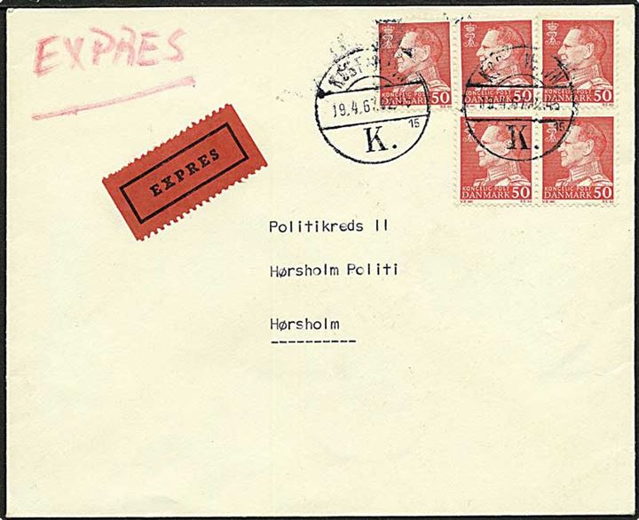 50 øre Fr. IX i 5-blok på 2,50 kr. frankeret ekspresbrev fra København K. d. 19.4.1967 til Hørsholm.