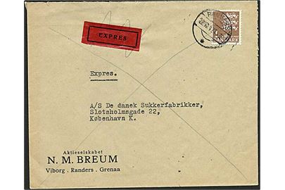 1 kr Rigsvåben single på ekspresbrev fra Randers d. 22.10.1947 til København. På bagsiden stemplet: Forsøgt aflev. 