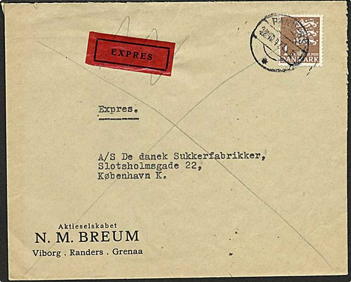 1 kr Rigsvåben single på ekspresbrev fra Randers d. 22.10.1947 til København. På bagsiden stemplet: Forsøgt aflev. 