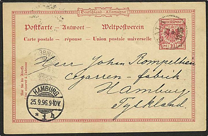 10 pfg. Adler svardel af dobbelthelsagsbrevkort annulleret med svensk stempel Sala d. 23.9.1896 til Hamburg, Tyskland.