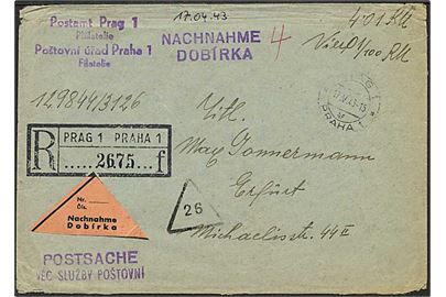 Böhmen-Mähren. Ufrankeret anbefalet postsag med opkrævning fra Prag d. 17.5.1943 til Erfurt, Tyskland.