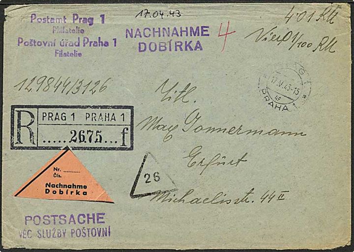 Böhmen-Mähren. Ufrankeret anbefalet postsag med opkrævning fra Prag d. 17.5.1943 til Erfurt, Tyskland.