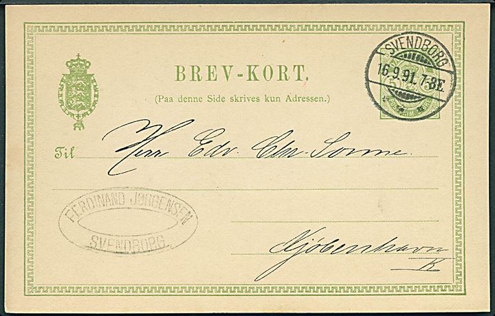 5 øre Våben helsagsbrevkort annulleret med tidligt brotype Ia Svendborg d. 16.9.1891 til Kjøbenhavn.