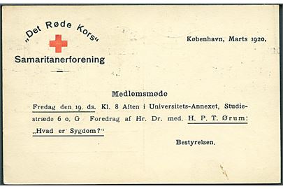 7 øre Chr. X helsagsbrevkort (fabr. 54-M) med fortrykt meddelelse fra Det Røde Kors/Samaritanerforening sendt lokalt i København d. 11.3.1920.