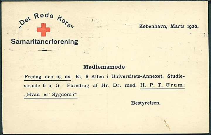 7 øre Chr. X helsagsbrevkort (fabr. 54-M) med fortrykt meddelelse fra Det Røde Kors/Samaritanerforening sendt lokalt i København d. 11.3.1920.