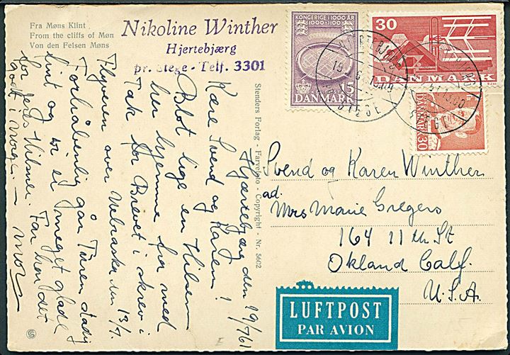 15 øre 1000 års udg., 30 øre Fr. IX og 30 øre Landbrug på 75 øre frankeret luftpost brevkort annulleret med pr.-stempel Hjertebjerg pr. Stege d. 19.7.1961 til Oakland, USA.