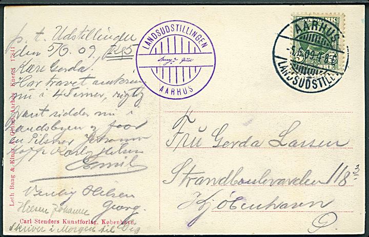 5 øre Fr. VIII på brevkort (Landsudstillingen i Aarhus) annulleret med brotype Ia særstempel Aarhus Landsudstill d. 5.6.1909 til Kjøbenhavn.