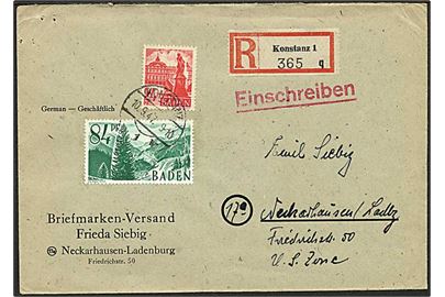 Fransk Zone - Baden. 24 pfg. og 84 pfg. på anbefalet brev fra Konstanz d. 10.9.1947 til Neckarhausen.