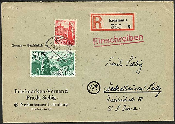 Fransk Zone - Baden. 24 pfg. og 84 pfg. på anbefalet brev fra Konstanz d. 10.9.1947 til Neckarhausen.