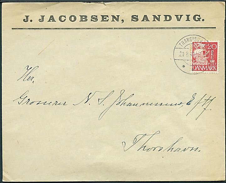 20 øre Karavel på fortrykt kuvert fra Sandvig annulleret med brotype IIc Trangisvaag d. 20.8.1942 til Thorshavn.
