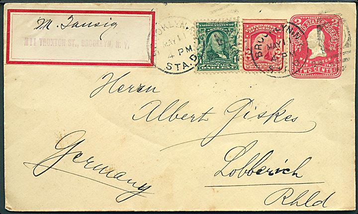2 cents helsagskuvert opfrankeret med 1 cent Franklin og 2 cents Washington fra Brooklyn d. 11.5.1906 til Lübberich, Tyskland.