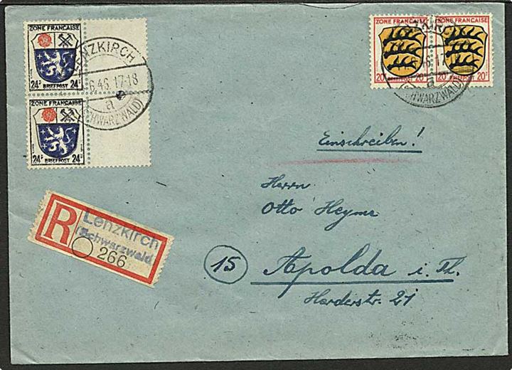 Fransk zone. 20 f. og 24 f. i parstykker på anbefalet brev fra Lenzkirch d. 11.6.1946 til Apolda.