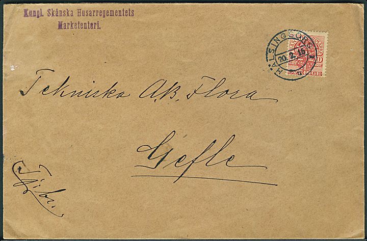 10 öre Tjenestemærke på brev fra Kungl. Skånska Husarregementet i Hälsingborg d. 20.2.1915 til Gefle.