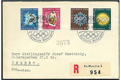Komplet sæt Olympiade udg. 1948 på anbefalet brev annulleret med særstempel fra V. Olympiske Vinterlege St. Moritz d. 8.1.1948 til Örebro, Sverige.