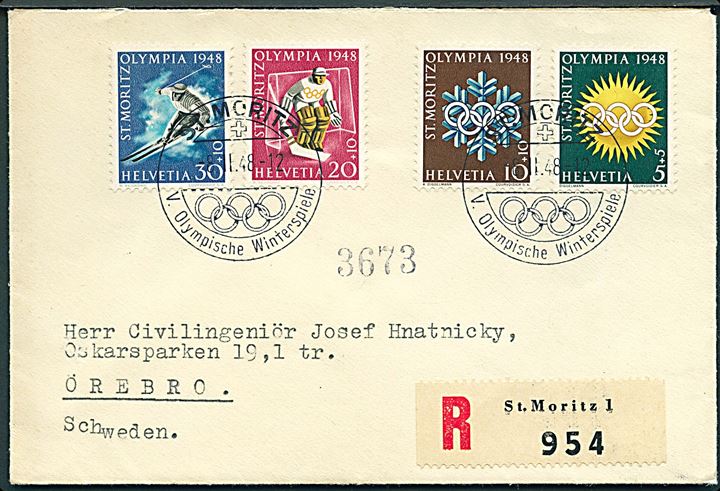 Komplet sæt Olympiade udg. 1948 på anbefalet brev annulleret med særstempel fra V. Olympiske Vinterlege St. Moritz d. 8.1.1948 til Örebro, Sverige.