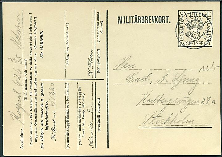 Militärbrevkort annulleret Fältpost 161 d. 29.6.1940 til Stockholm. Sendt fra soldat ved Fältpost 41320 Lit. F (= III Bat. / 7. Inf. Regiment).