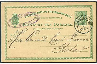 5 øre Våben helsagsbrevkort annulleret med lapidar Kjøbenhavn d. 2.9.1886 til Ystad, Sverige.