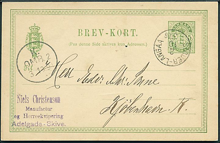 5 øre Våben helsagsbrevkort fra Skive annulleret med lapidar bureaustempel Struer - Langaa d. 2.10.1891 til Kjøbenhavn.