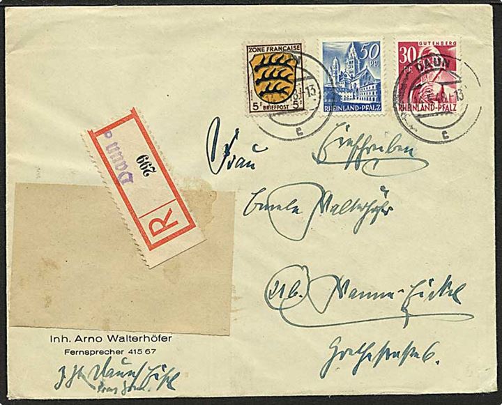 Fransk zone 5 pfg. og Rheinland-Pfalz 30 pfg. og 50 pfg. på anbefalet brev fra Daun d. 14.5.1948 til Wanneeickel.