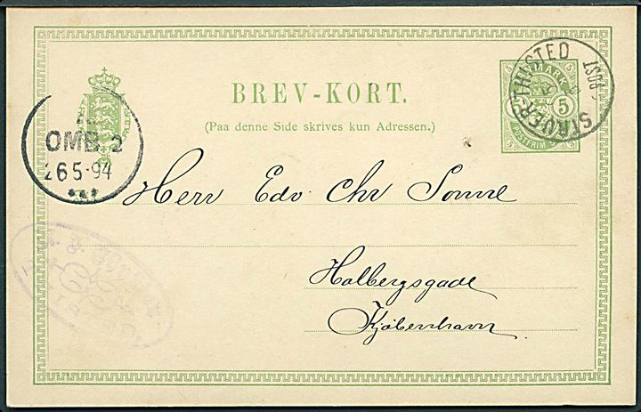 5 øre Våben helsagsbrevkort fra Thisted annulleret med lapidar bureaustempel Struer - Thisted d. 25.5.1894 til Kjøbenhavn.