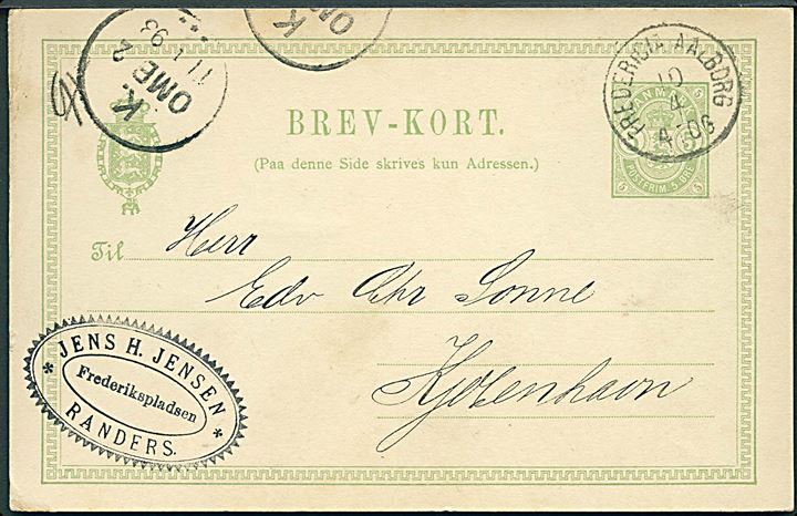 5 øre Våben helsagsbrevkort fra Randers annulleret med lapidar bureaustempel Fredericia - Aalborg d. 10.4.1893 til Kjøbenhavn.
