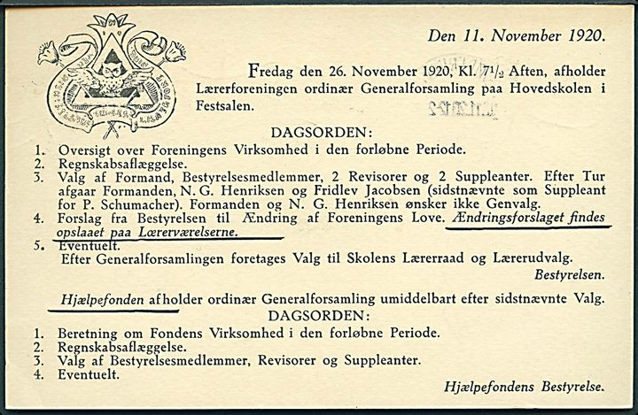 7+1 øre provisorisk helsagsbrevkort (fabr. 57-H) med fortrykt meddelelse fra Teknisk Selskabs Skolelærerforenings Hjælpefond sendt lokalt i Kjøbenhavn d. 12.11.1920.