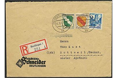 Fransk zone 1 pfg. og 8 pfg., samt Württemberg 75 pfg. på blandingsfrankeret anbefalet brev fra Reutlingen d. 16.9.1947 til Rottweil.