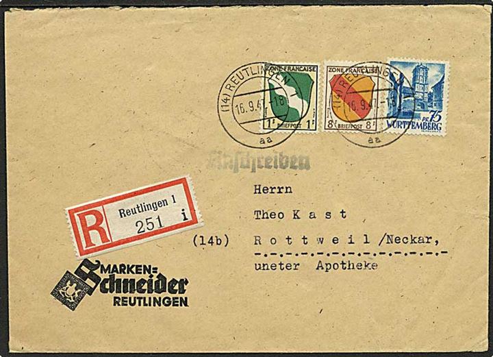 Fransk zone 1 pfg. og 8 pfg., samt Württemberg 75 pfg. på blandingsfrankeret anbefalet brev fra Reutlingen d. 16.9.1947 til Rottweil.
