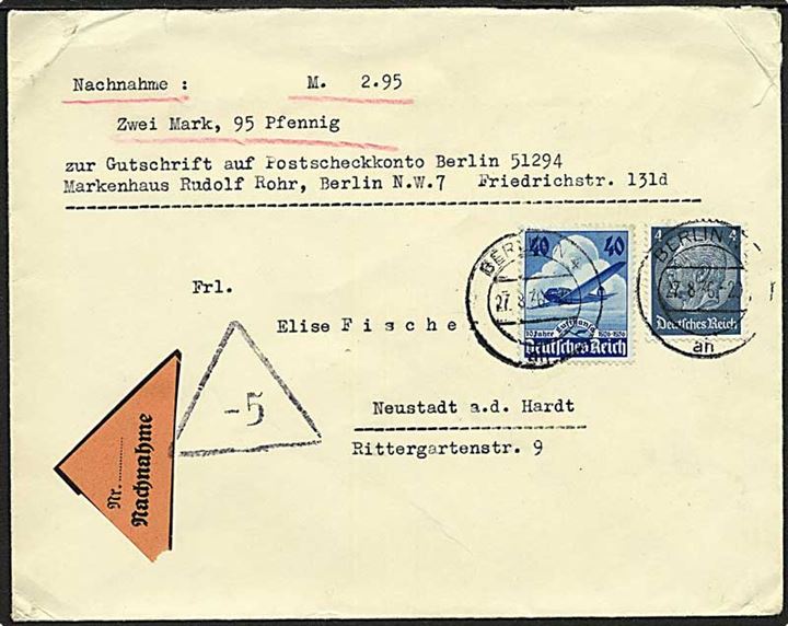 4 pfg. Hindenburg og 40 pfg. Lufthansa på brev med opkrævning fra Berlin d. 27.8.1936 til Neustadt.