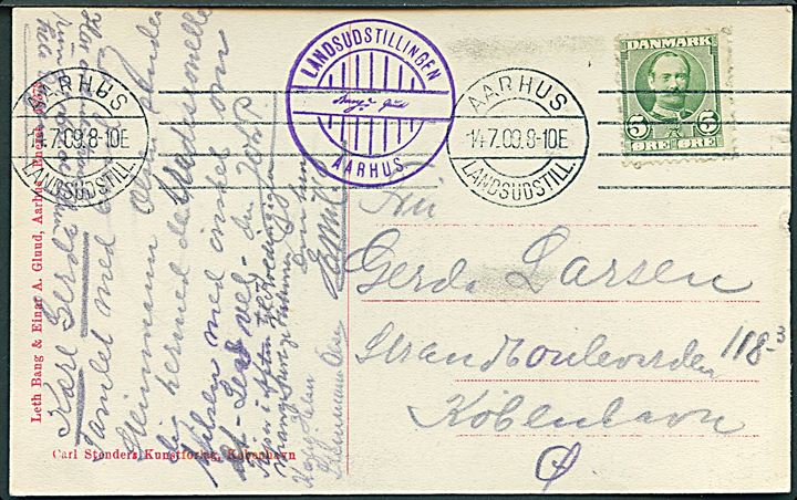 5 øre Fr. VIII på brevkort (Landsudstillingen i Aarhus) annulleret med sær-maskinstempel Aarhus Landsudstill. d. 14.7.1909 til København.