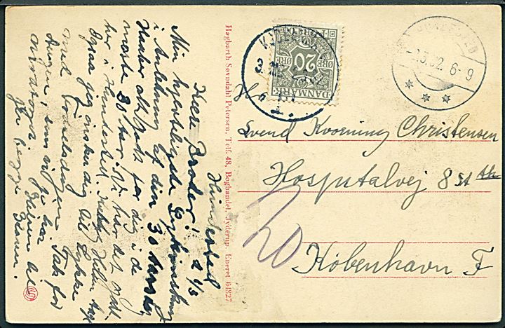 Ufrankeret brevkort (Udsigt mod Gl. Svebølle) fra Hundested d. 2.3.1932 til København. Udtakseret i porto med 20 øre Portomærke stemplet København d. 2.3.1932.
