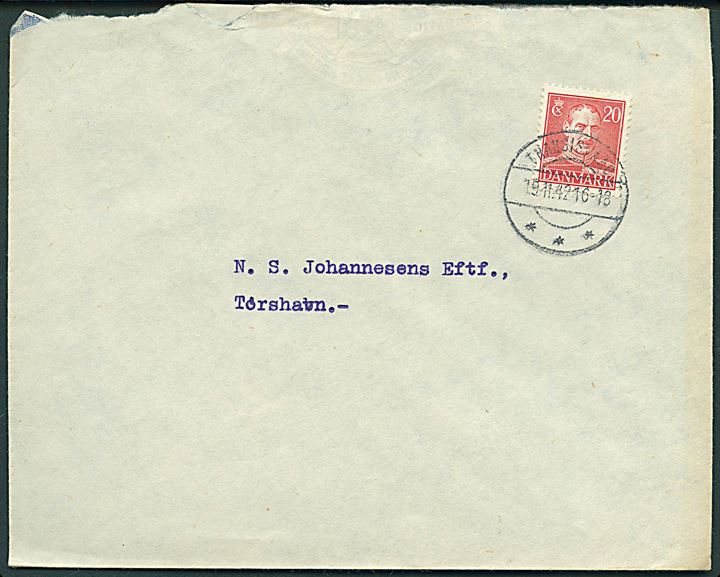 20 øre Chr. X på brev annulleret Trangisvaag d. 19.11.1942 til Thorshavn.