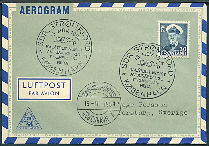 30 øre Fr. IX på privat aerogram annulleret med særstempel Sdr. Strømfjord d. 15.11.1954 via Grønlands Postkontor København K. d. 16.11.1954 til Perstorp, Sverige.