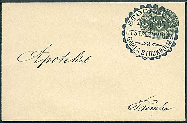 4 öre helsags-tryksagskuvert annulleret med særstempel Stockholm Utställningen Gamla Stockholm d. 20.9.1897 til Tumba.